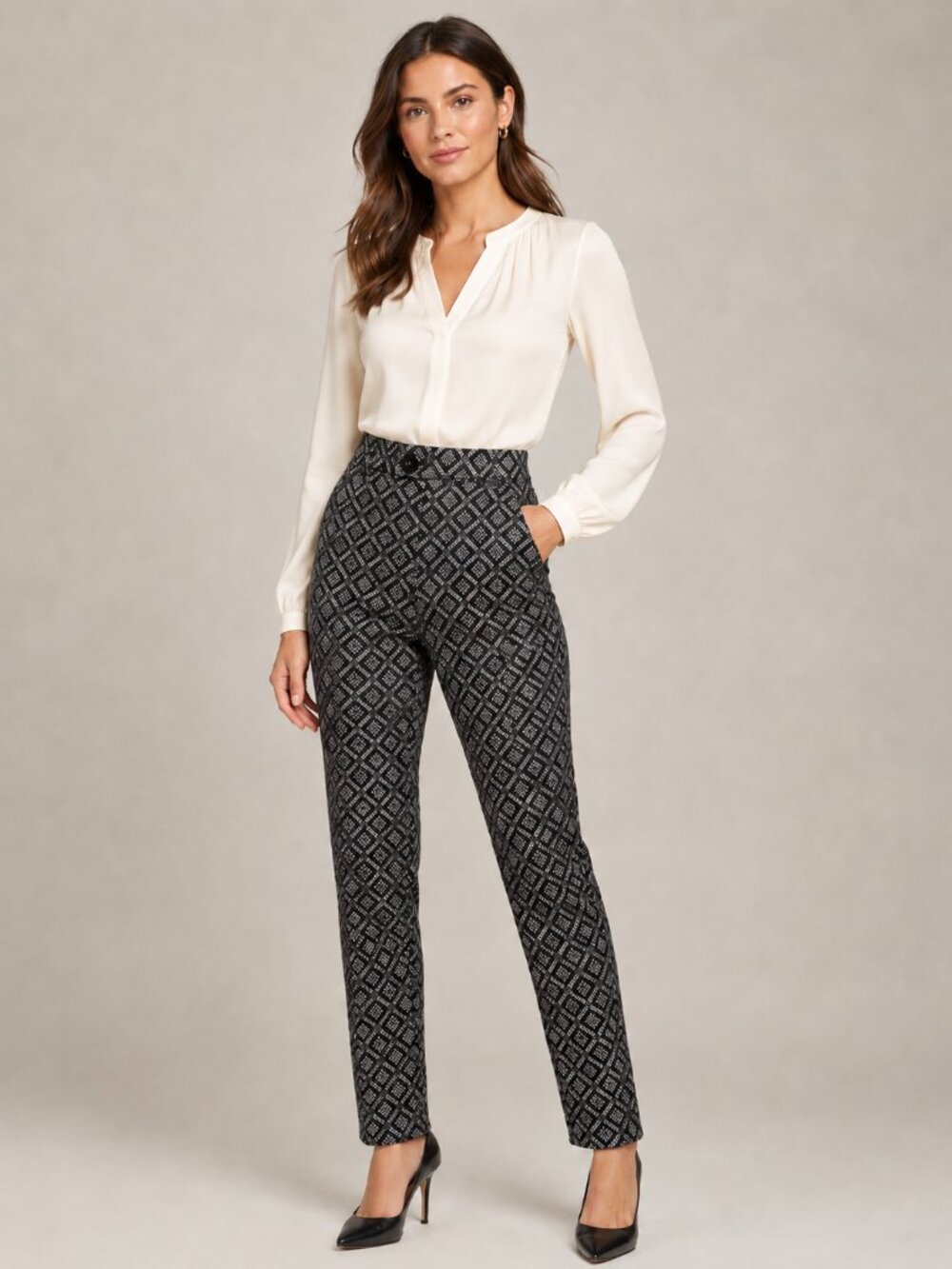 Nanette Lepore Pants Women’s Size 10 Ankle Long Black White Geometric Work Wear - Picture 1 of 9